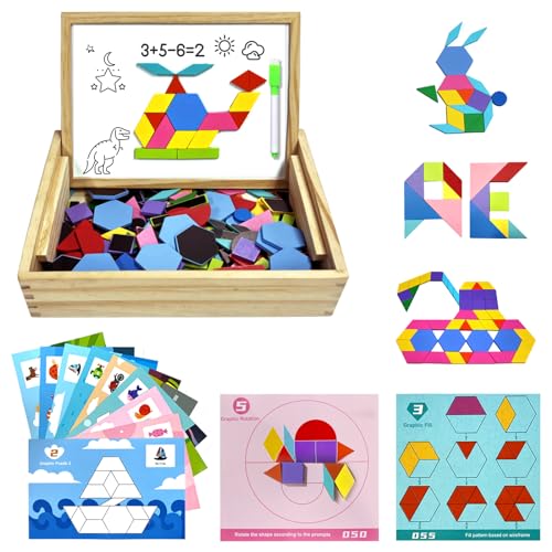 HERQUEEN Wooden Pattern Blocks Set, 231 PCS Magnet Pattern Blocks, a Pattern Book and 9 Double-Sided Puzzle Cards, Tangrams for Kids Ages 3+, Early Math Geometric Shapes Concepts Learning Resource