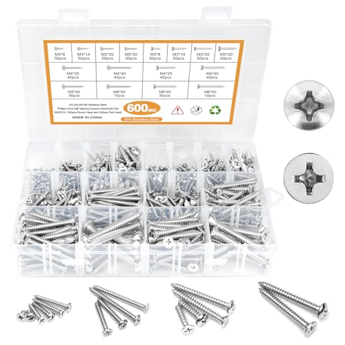 600PCS M3 M4 M5 M6 Stainless Steel Wood Screws Assortment Kit, 16 Sizes Phillips Round & Flat Head Metal Screws Self Tapping Screws Set for Wood Deck Drywall Concrete Screws, Length 6mm to 50mm