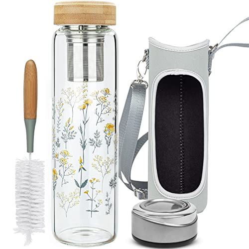 Reeho 32oz Borosilicate Glass Water Bottle with Tea Infuser, Reusable Travel Mug with Sleeve & 2 Lids, for Hot or Cold Drinks, Loose Tea, Fruit