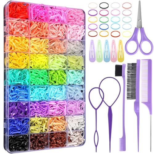 36 Colors Hair Rubber Bands for Hair, 2500 Pcs Elastic Hair Bands with 11 Hair Styling Tools, Colorful Elastic Hair Ties Hair Elastics Hair Accessories for Girls Baby Toddler Kids