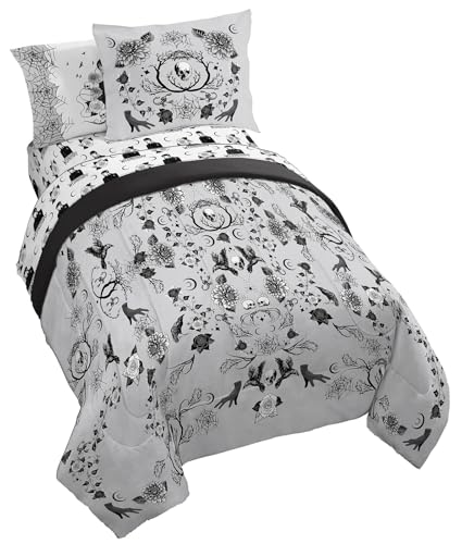 Jay Franco Wednesday Addams Twin Size Comforter Set - 5 Piece Bedding Includes Sheet Set & Pillow Covers - Black & White Gothic Super Soft Cozy Bedding