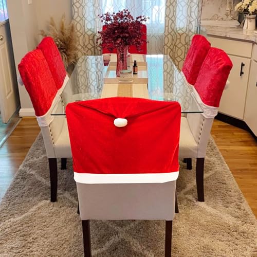 SATXTREM Christmas Chair Covers Set of 6,Red and White Santa Claus Hat Chair Back Covers for Xmas Holiday Festival Indoor Kitchen Bar Counter Stools Decorations Dining Room Table Decor