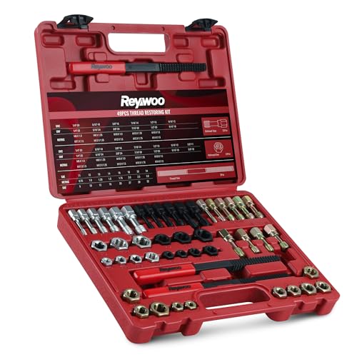 Reywoo 49 PC Thread Chaser Set, Metric and SAE Thread Restorer Tool with 22 Taps 24 Dies 3 Thread Files, Master Thread Cleaner Rethreading Kit in UNC UNF Metric Sizes