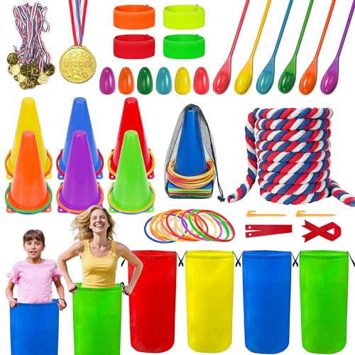LINAYE Field Day Games Outdoor Activities, Carnival Lawn Yard Picnic Family Reunion Games Tug of War Rope Sack Race Bags for Adults and Kids Ring Toss Egg and Spoon 3 Legged Race for Birthday Party
