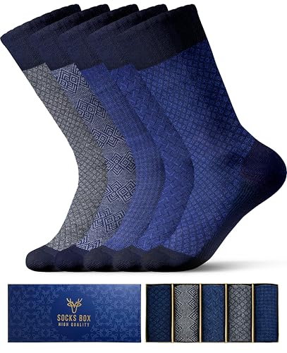 SOCKS BOX Mens Blue Dress Socks, Premium Bamboo Rayon Socks for Men, Patterned, Elegant Design, 5 Pack, Gift Box