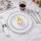 Goodluck 350 Piece Silver Plastic Dinnerware Set for 50 Guests, Fancy Disposable Plates for Party, Include: 50 Dinner Plates, 50 Dessert Plates, 50 Pre Rolled Napkins with Silver Silverware, 50 Cups