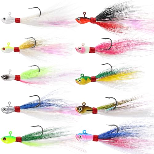 Motionchic 10 Pieces Bucktail Jigs Hair Jig Saltwater and Freshwater Bait Surf Striper Fishing Lure Head Swimbait Jig Hook for Pompano Halibut Mackerel Bass Flounder (1/2 oz)