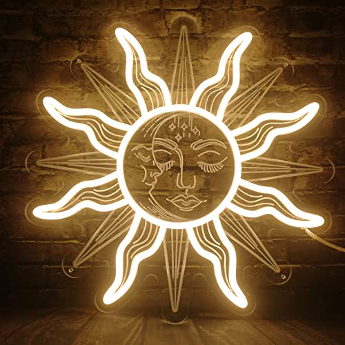 Vintage Burning Sun and Moon Neon Sign Light - 3D Boho Aesthetic Room Decor Celestial Mystic Sun Moon LED Sign Light w/Closed Eyes Psychedelic Hippy Wall Art for Home Bedroom Man Cave Gift - 12"