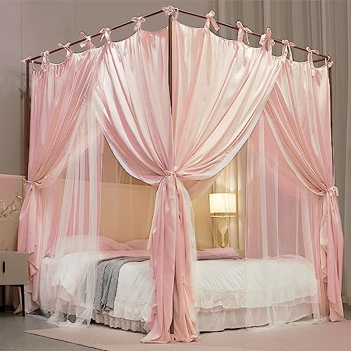 AIOOO 4 Corners Post Princess Curtain Bed Canopy Double Layer Cozy Mosquito Net Mesh and Cloth for Girls Adults Bedroom Decoration (Double-Beigepink/White, 78" W*86" L*82"*H/(King))