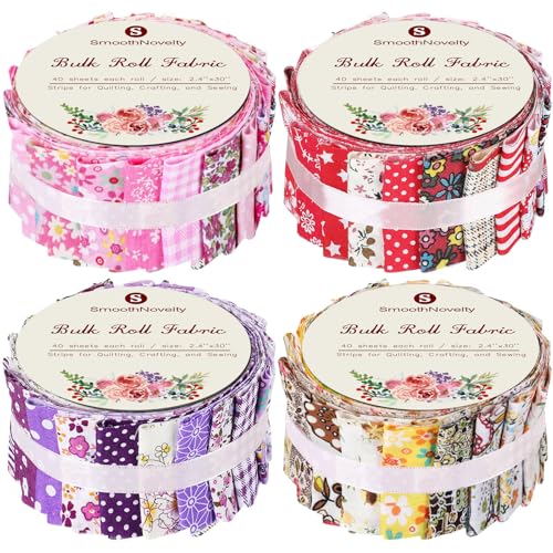 SmoothNovelty 160 Pcs 4 Roll Fabric Strips Assorted Quilting Fabric for Quilting Crafting and Sewing Rolled Cotton for Crafts Blanket Rug Upholstery and Purse Making(Cute Style)