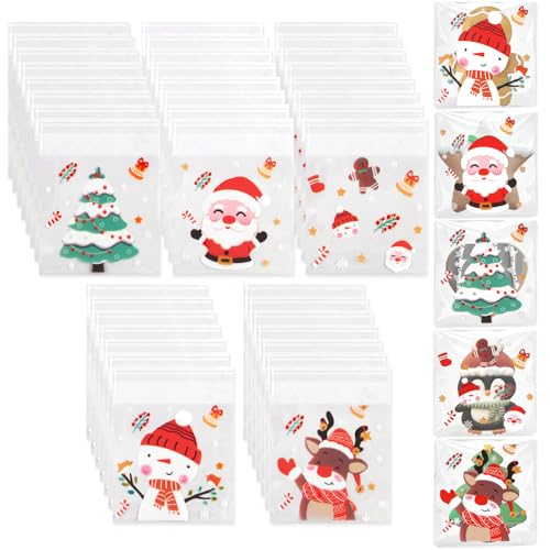 100Pcs Christmas Cookie Bags Self-Sealing Candy Bags Cute Holiday Treat Bags Clear Cellophane Bags Plastic Goodie Bags Biscuit Snack Bags Resealable Bags for Christmas Party Gift Decoration Supplies