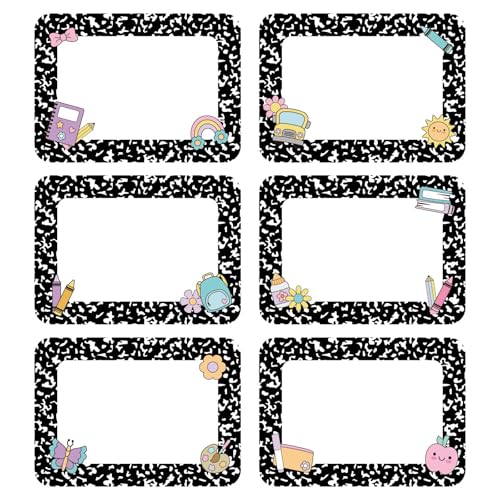 AmazingSpark 144 Pieces School Name Tag Stickers Labels Composition Classroom Decor for Students Black and White Border Name Stickers Tag 6 Designs for Classroom School Office 3.5 x 2.5 Inches