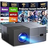 [Electric Focus] Projector with WiFi and Bluetooth, 20000LM Native 1080P Projector with Screen, YOWHICK Portable Movie Smart Projector, Home Projector 4K Supported for Phone/TV Stick /HDMI/USB Grey