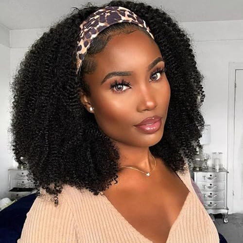 BLY Afro Curly Headband Wig Human Hair with Natural Scalp Top Middle Part Headband Wig for Women 180% Density 10A Grade Mongolian Afro Kinky Curly Hair Glueless Wig 20 Inch