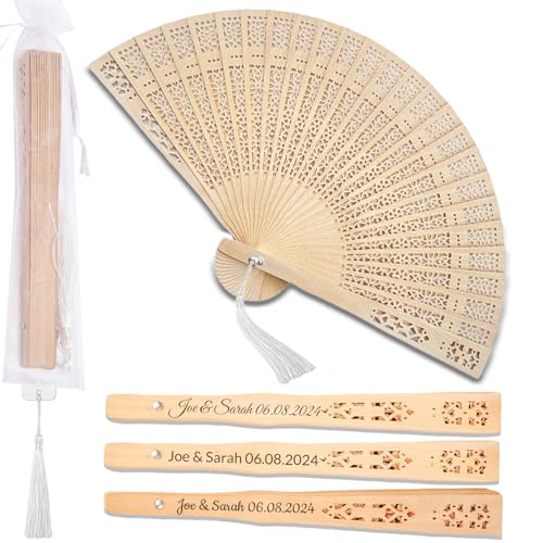 YSDZDM 100Pcs Personalized Wooden Hand Fans Wedding Favors for Guests Bulk Foldable Fans Handheld Personalized Wedding Party Gifts with Tassel Yarn Bags (100)