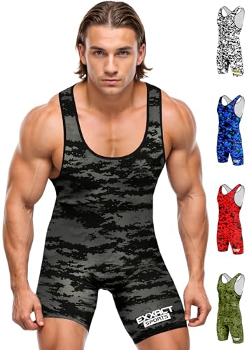 Exxact Sports Digital Camouflage Men's Wrestling Singlet, High-Performance Powerlifting Singlet, Wrestling Singlets for Men (AM, Black Camo)