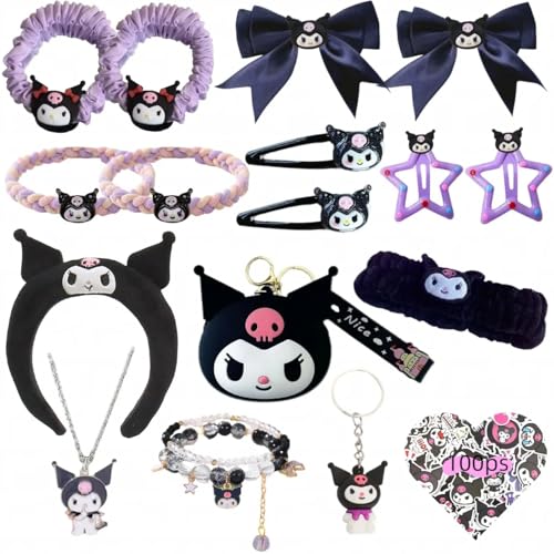 WINBBY 117Pcs Kawaii Cute Stuff Gifts Set Include Headband,Pouch, Hair Band, Hair Ties & Clips, Hairpin, Stickers, Necklace,Bracelet, Keychain(Black)