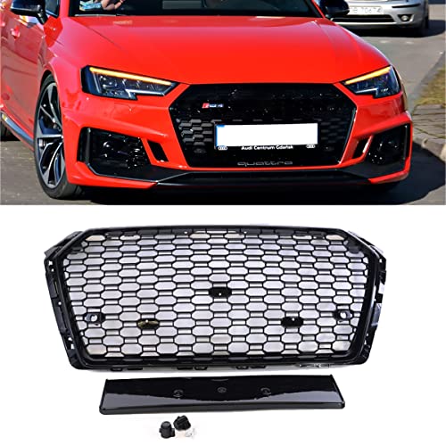 Front Bumper Grille Replacement Hood Grilles,Compatible with AUDI A4/S4 2017 2018 B9 RS4 Upper Mesh Quattro Honeycomb Grill,Gloss Black