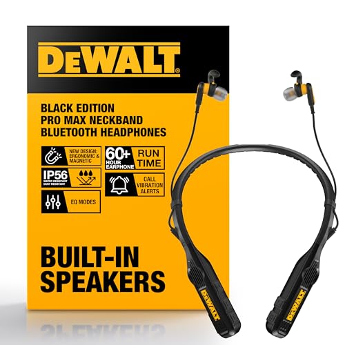 DEWALT Heavy Duty Black Edition 2-in-1 Neckband Bluetooth Headphones w/Built-in Speakers, Jobsite Wearable Speaker & Around Neck, Wireless Headset, 60+ Hrs Hands-Free Music & Calls, Carry Pouch
