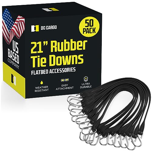 Pack of 50 Tarp Straps for Flatbed Trailers, 21" Long Natural Rubber Bungee Cord Tie-Downs Ideal for Securing Tarps, Canvases, Cargo in Cold Climates | Tie-Downs w/ Metal S-Hooks