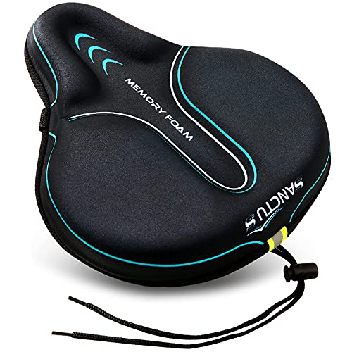 Sanctus Bike Seat Cushion Cover Memory Foam, Large Wide Bicycle Saddle Soft for Men Women, Comfort Exercise Cycle Seats Cover Padded Fits Stationary Bikes, Cruiser, Spin, with Waterproof Cover Blue