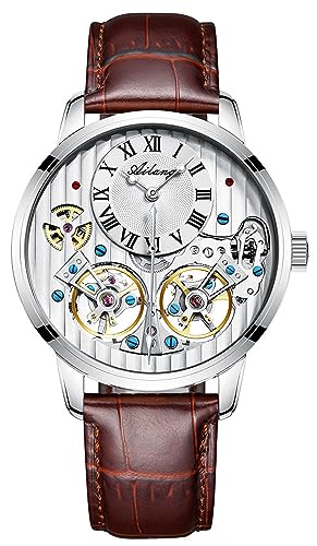 B BINGER Men's Automatic Watch Skeleton Ailang Series Wristwatch with Leather Band (Silver White)