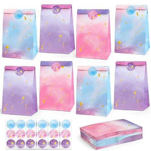 HEJIN 30PCS Tie Dye Party Bags with Stickers, Pink and Purple Small Gift Bags, Mermaid Unicorn Birthday Party Favors Bags for Girls Goodie Bags for Kids Birthday Party, Baby Shower, Halloween, Wedding