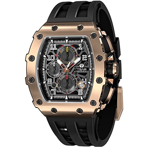 TSAR BOMBA Watch for Men, 50M Waterproof Mens Watches, Luxury Tonneau Black Watch with Silicone Watch Bands, Japanese Quartz Movement Chronograph, Gifts for Men