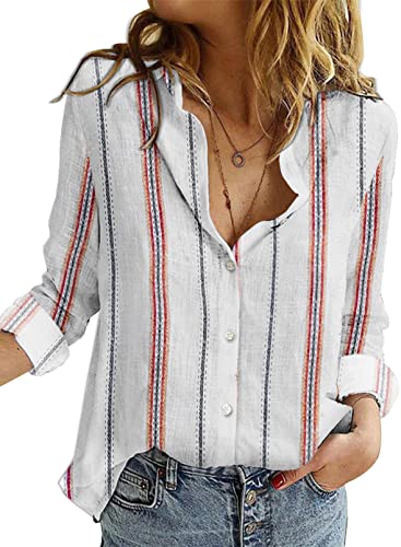 Astylish Women Long Sleeve Striped Print Linen Blouses Button Down Shirt Work Clothes for Women Office Stripe Medium