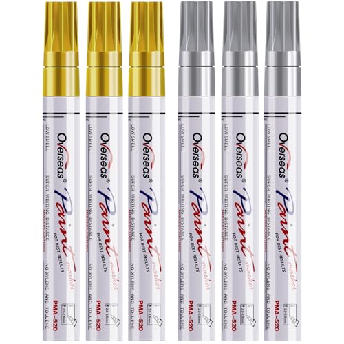 Overseas Gold and Silver Paint Pens - 6 Pack Oil Based Metallic Permanent Markers, Medium Tip, Quick Dry and Waterproof Paint Markers for Rock, Wood, Metal, Plastic, Canvas, Glass, Ceramics, Rubber