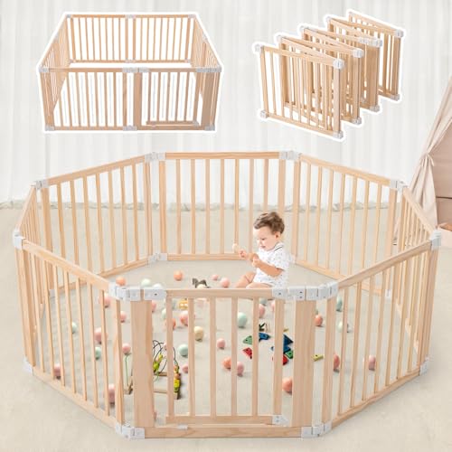 Foldable Wooden Playpen,Large Baby Gate Playpen with Child-Proof Lock-Easy Assembly, Portable Design for Babies & Toddlers- Shape& Size Adjustable Baby Fence Play Area (Wood, 8 Panel)-61"x61"x25"