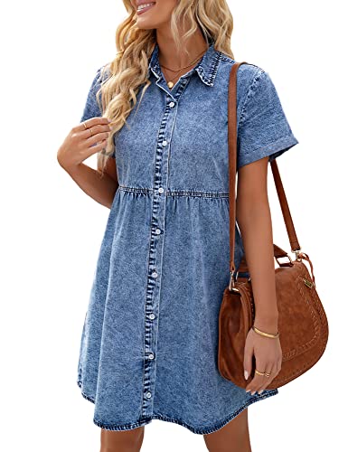 LookbookStore Women Denim Dress for Summer Babydoll Jean Dress Button Down Short Sleeve Denim Dress Tiered Flowy Dress Loose Jean Dress Reef Blue Denim Babydoll Dress Size S Size 4 6