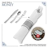 100 Pack Pre Rolled Silver Plastic Cutlery Set, Individually Wrapped Plastic Silverware Set with 100 Forks, 100 Knives, 100 Spoons, 100 Napkins, Disposable Utensils for Party and Wedding