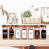 Churboro 36 Glass Spice Jars with 547 Labels with Shaker Lids - 4 Oz Square Spice Containers with Acacia Wood Lids, Chalk Pen, Funnel Seasoning Jars for Spice Rack, Cabinet, or Drawer