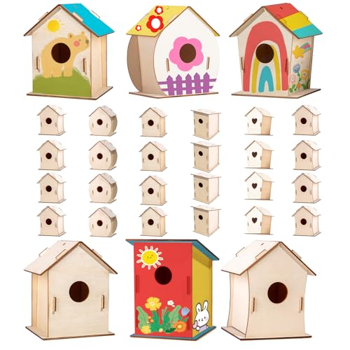 24 Sets DIY Wood Birdhouse Bulk for Kids Parties and Classrooms, Art Painting Bird House Craft Kit Unfinished Wood Bird Houses to Paint for Kids 3+ Spring Summer Arts and Craft Projects