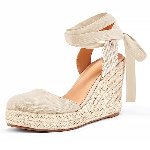 Ermonn Womens Espadrilles Wedge Sandals Platform Closed Toe Ankle Strap Lace Up Slingback Summer Shoes Nude