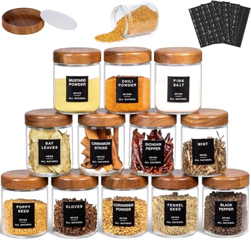 Yangbaga Glass Spice Jars with Labels: 12p 8oz Wide Mouth Square Bottle w/Pepper Grinder&Funnel - Airtight Wood Lid & Dishwasher Safe - Home Kitchen Pantry Daily Use - Gift for Newlyweds/Households