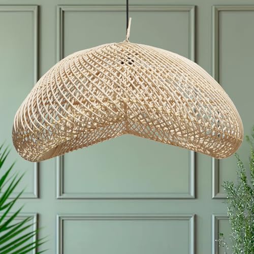 FOREVER BAMBOO Indonesia Handmade Natural Rattan Pendant Light Shade Wicker Light Fixtures Luxurious Bean Shape Woven Lampshade Chandelier Interior Decor, 12 in H x 24 in W