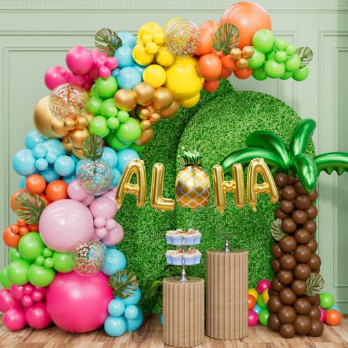 Luau Hawaiian Tropical Balloon Arch Garland Kit – 170PCS with Palm Tree, Pineapple & Aloha Foil Balloons for Summer Birthday, Luau Party Decorations & Beach Celebration