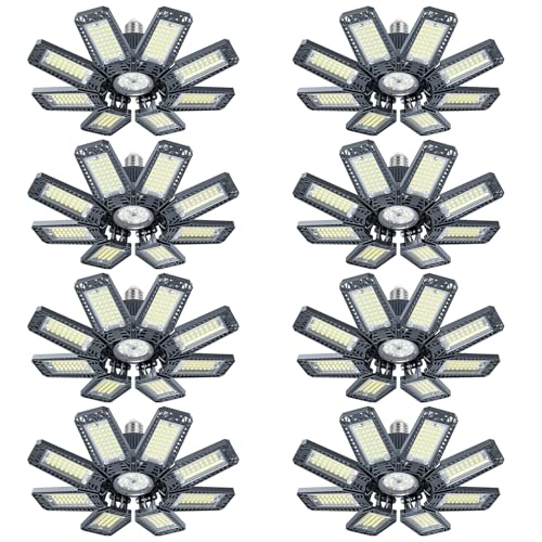 YIBEYYDS LED Garage Ceiling Lights 240W 24000LM - Garage Light 6500K with 8+1 Deformable Panels Screw in Attic Lighting for, Workshop, Basement Support E26/E27 (8 Pack)