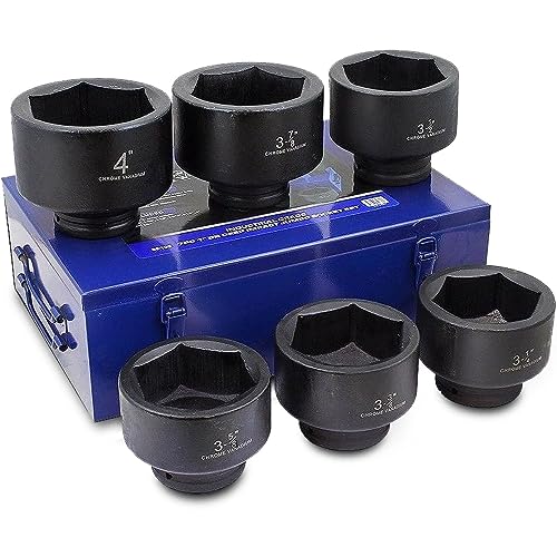 Stark USA 1" Drive Jumbo Shallow Impact Socket Set Spindle Axle SAE Sockets 6-Piece (3-1/4" - 4") Cr-Mo Steel Removing And Installing Axle Nuts