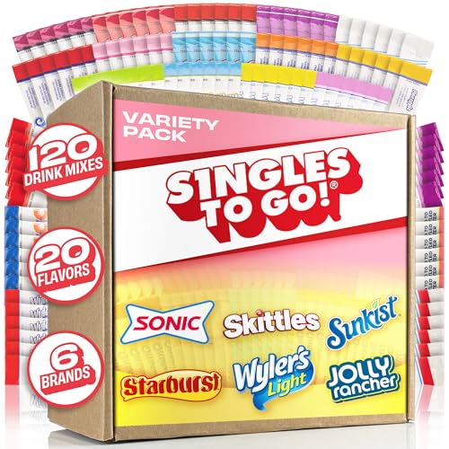 Singles To Go! 120ct Bulk Variety Pack - 20 Different Flavors from Skittles, Sonic, Sunkist, Starburst and More - Sugar Free Drink Mix Packets - Sugar Free Water Flavoring Packets