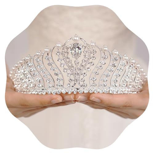 JWICOS Silver Pearl Crown for Women Queen Crown and Tiara for Women Crystal Rhinestone Princess Tiaras Crowns Wedding Hair Accessories for Bride Birthday Party Prom