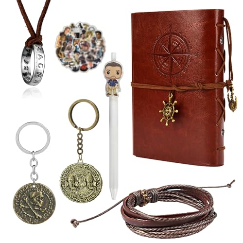 Uncharted 4 Necklace Leather Bracelet Drake Engraved Skull Gold COIN Pendant Movie Stickers Vintage Nautical Leather Writing Journal Notebook 31 pcs