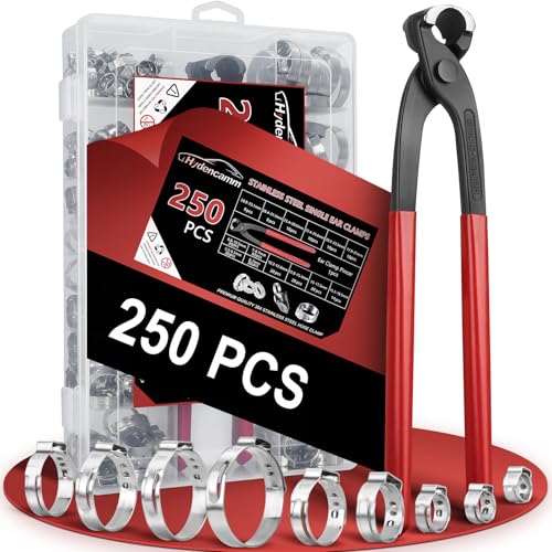 Hydencamm 250PCS 14 Sizes Single Ear Hose Clamp, 5.3-33.1mm 304 Stainless Steel Ear Clamp Kit with Ear Clamp Pincer, Stepless Hose Clamps Cinch Rings for Automotive, Home Appliance Line and Plumbing