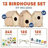 12 DIY Bird House Kits For Children to Build - Wood Birdhouse Kits for Kids to Paint - Unfinished Wood Bird Houses to Paint for Kids - Wood Craft Project Kits - Wooden Arts & Craft for Girls & Boys