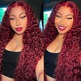 ILHILH 99J Burgundy Lace Front Wigs Human Hair Deep Wave 13x6 HD Lace Frontal Wigs Human Hair Pre Plucked 200 Density Wine Red Colored 99J Curly Human Hair Wig with Baby Hair 26 inch Glueless Wig