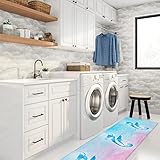 Ombre Blue Pink Kitchen Rug, Ocean Shark Colorful Mer-Maid Silhouette Washable Bath Shower Door Welcome Runner Area Rug Mat Carpet for Bedroom Bathroom Living Room Accent Throw Desk Rug, 20x47