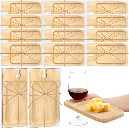 Menkxi 12 Set Wine Appetizer Plates Mini Charcuterie Boards with Wine Glass Holder and Box Gifts for Bridal Shower Game Prizes Wooden Cocktail Cheese Plate for Guests Baby Shower(Rectangle,Dark Color)