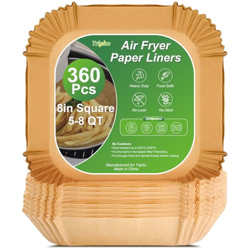 360 Pcs 8” Square Unbleached Heavy Duty Air Fryer Paper Liners Disposable, Non-Stick & Non-Leak Parchment Paper Liners for Airfryer Basket, Deep Fryer Parts & Accessories